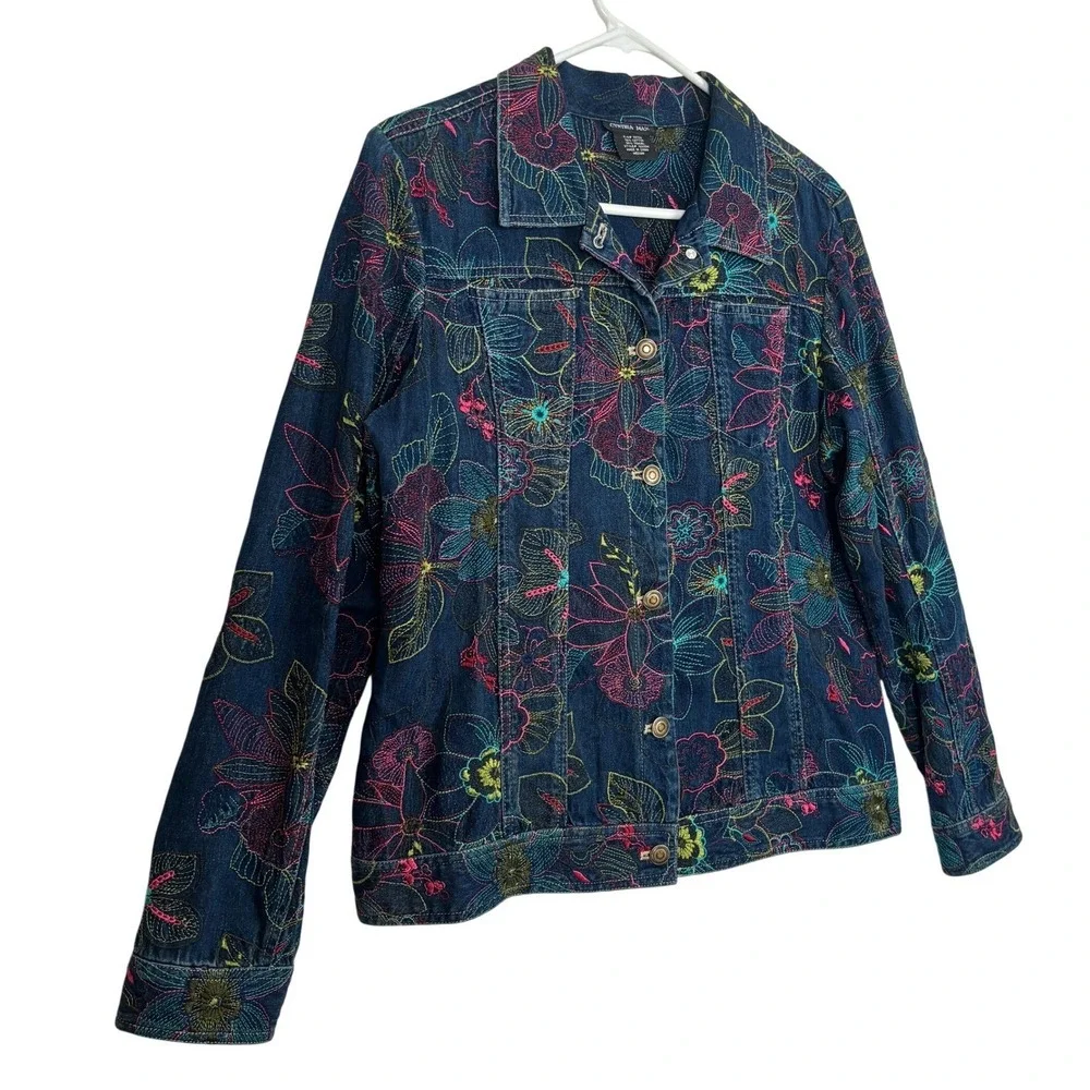 Boho Floral Embroidered Denim Jacket M Hippie Festival Maximalist Artsy Colorful